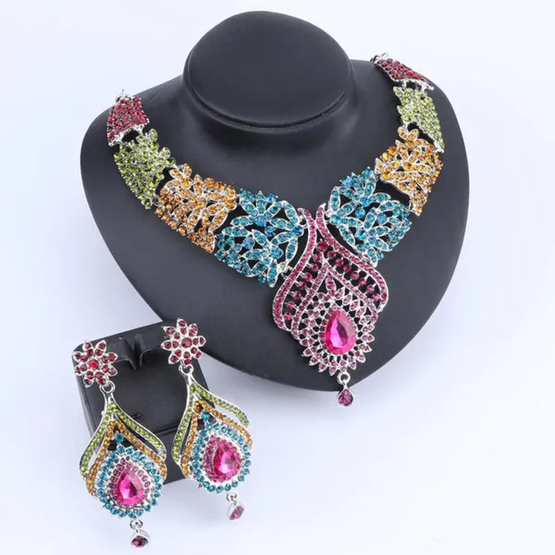 Luxury Women'S Elegant Austrian Crystal Statement Necklace Earrings Bridal Party Jewelry Set for Wedding Dress