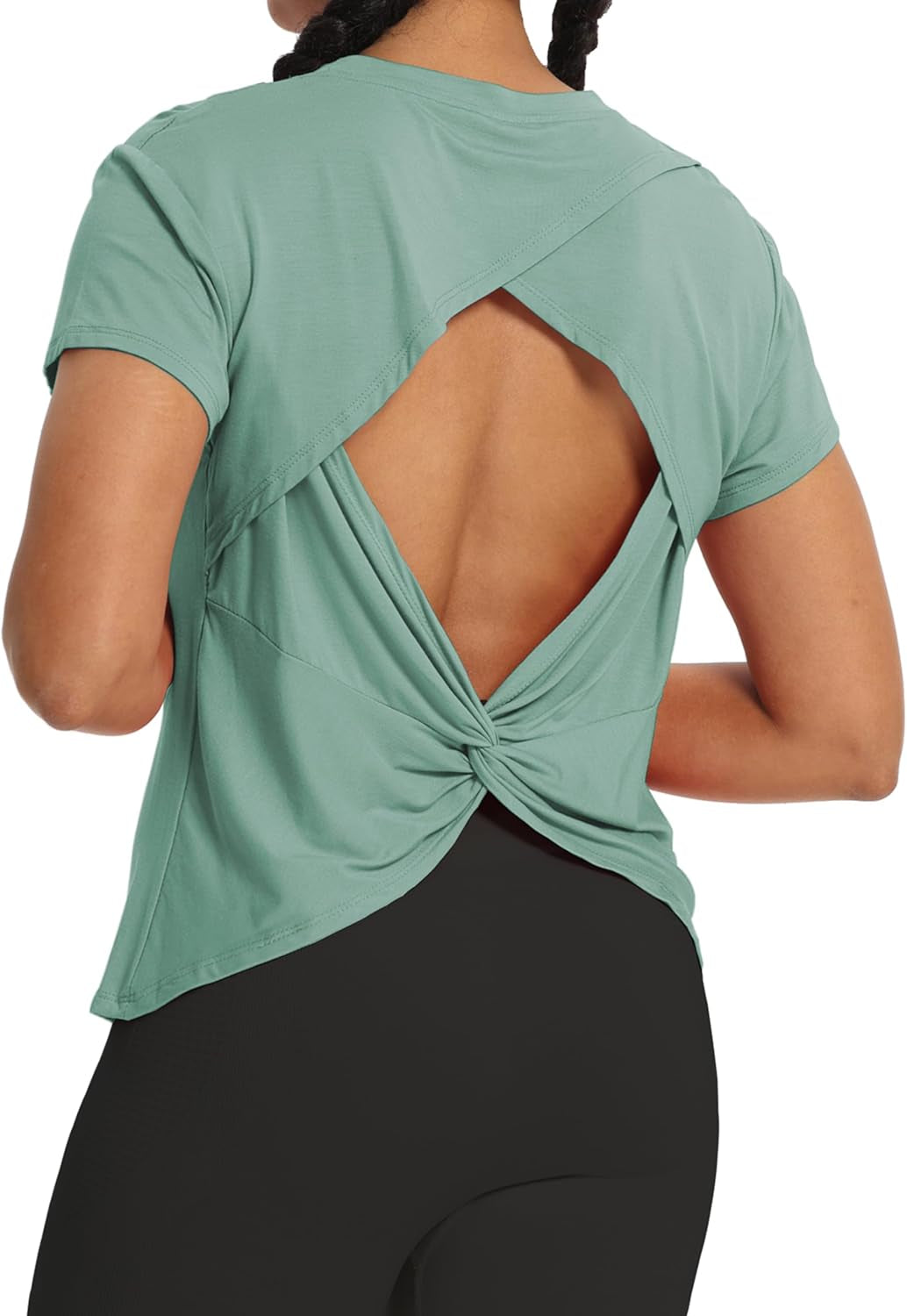 Backless Workout Athletic Shirts Short Sleeve Split Back Yoga Exercise Tops for Women