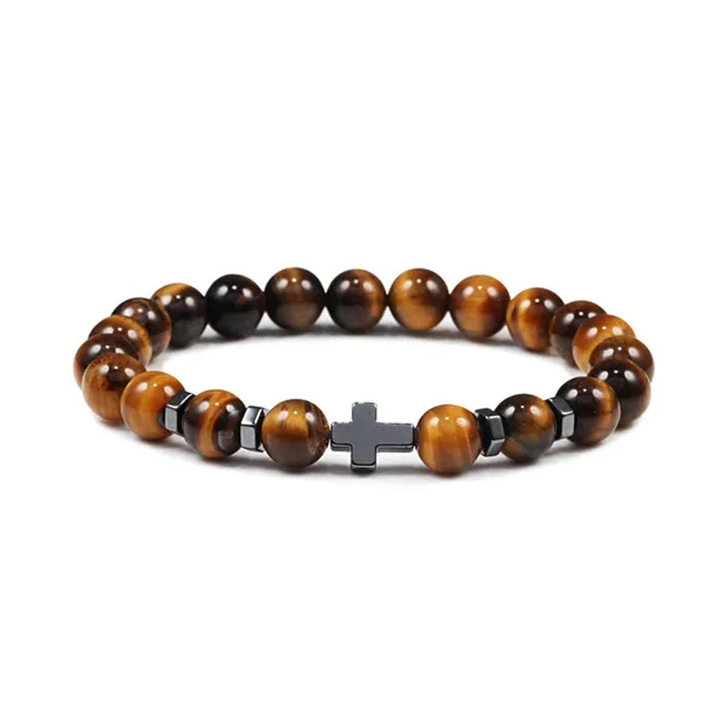 Hot Men Natural Tiger Eye Beads Hematite Cross Bracelets Onyx Meditation Prayer Bead Bracelet Women Stone Yoga Jewelry Homme