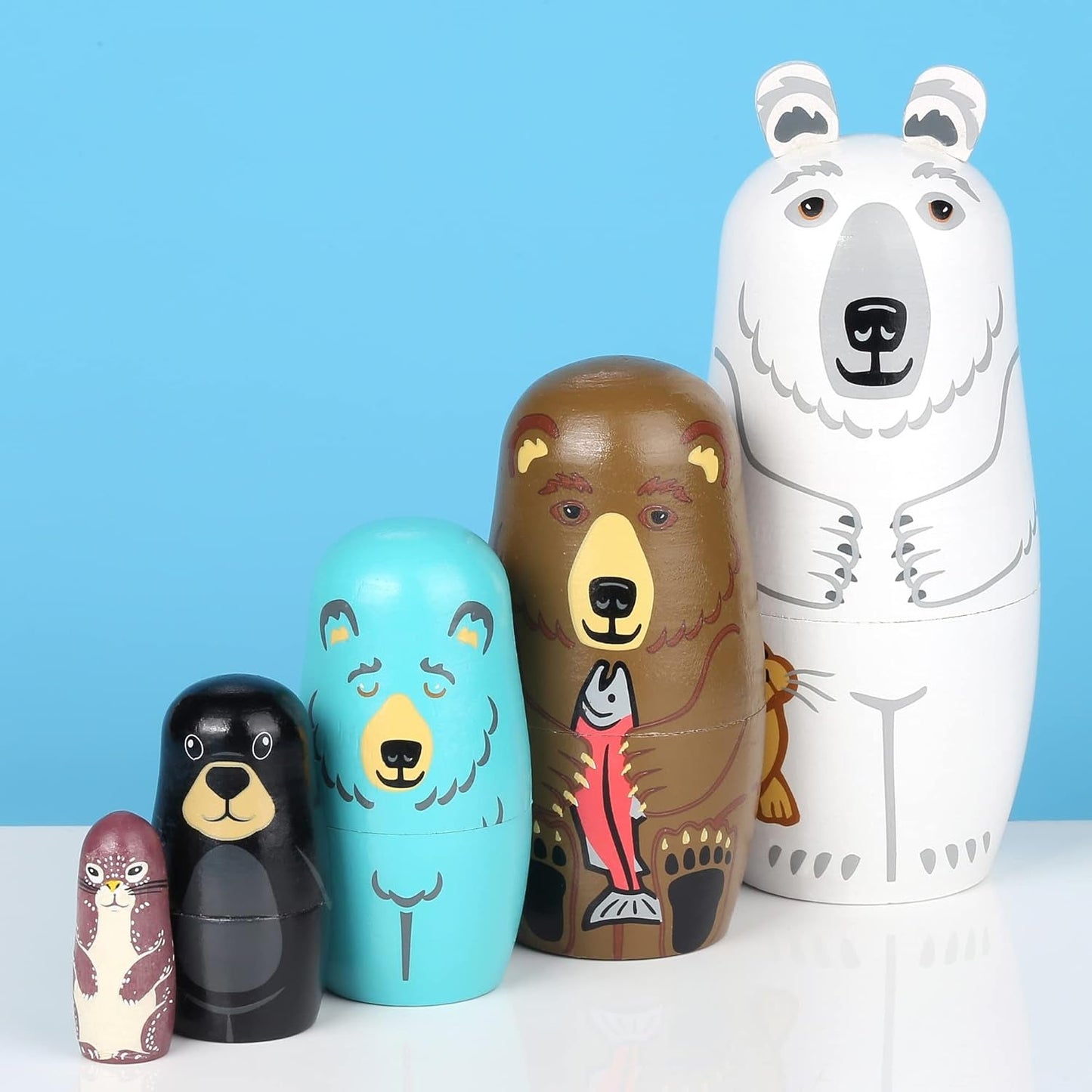 5Pcs Russian Nesting Dolls, Handmade Wooden Cute Bear Matryoshka Dolls Set for Kids Christmas Birthday Wishing Gift (Bear Series)