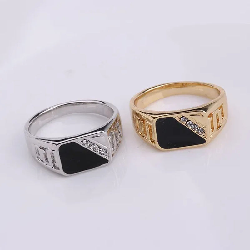 Fashion Male Jewelry Classic Gold Color White Sapphire Diamond CZ Wedding Ring Black Enamel Agate Rings For Men Christmas Party Gift Size 7 8 9 10 11 12