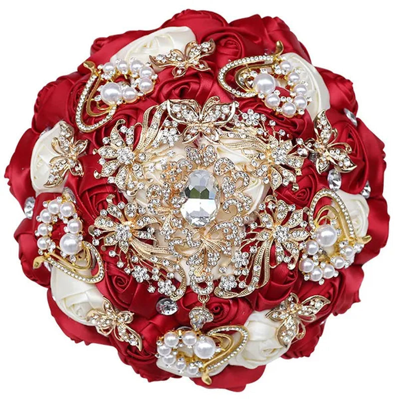 8 Inch Wine Red & Milk White Bridal Bouquets Artificial Satin Rose Gold Diamond Brooch Bride Holding Flowers Party Valentine Bouquet