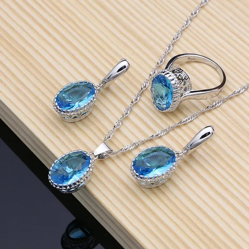 Silver 925 Jewelry Set Sky Blue Sapphire Charm for Women Stones Simple Earrings Rings Bracelet Necklace Set