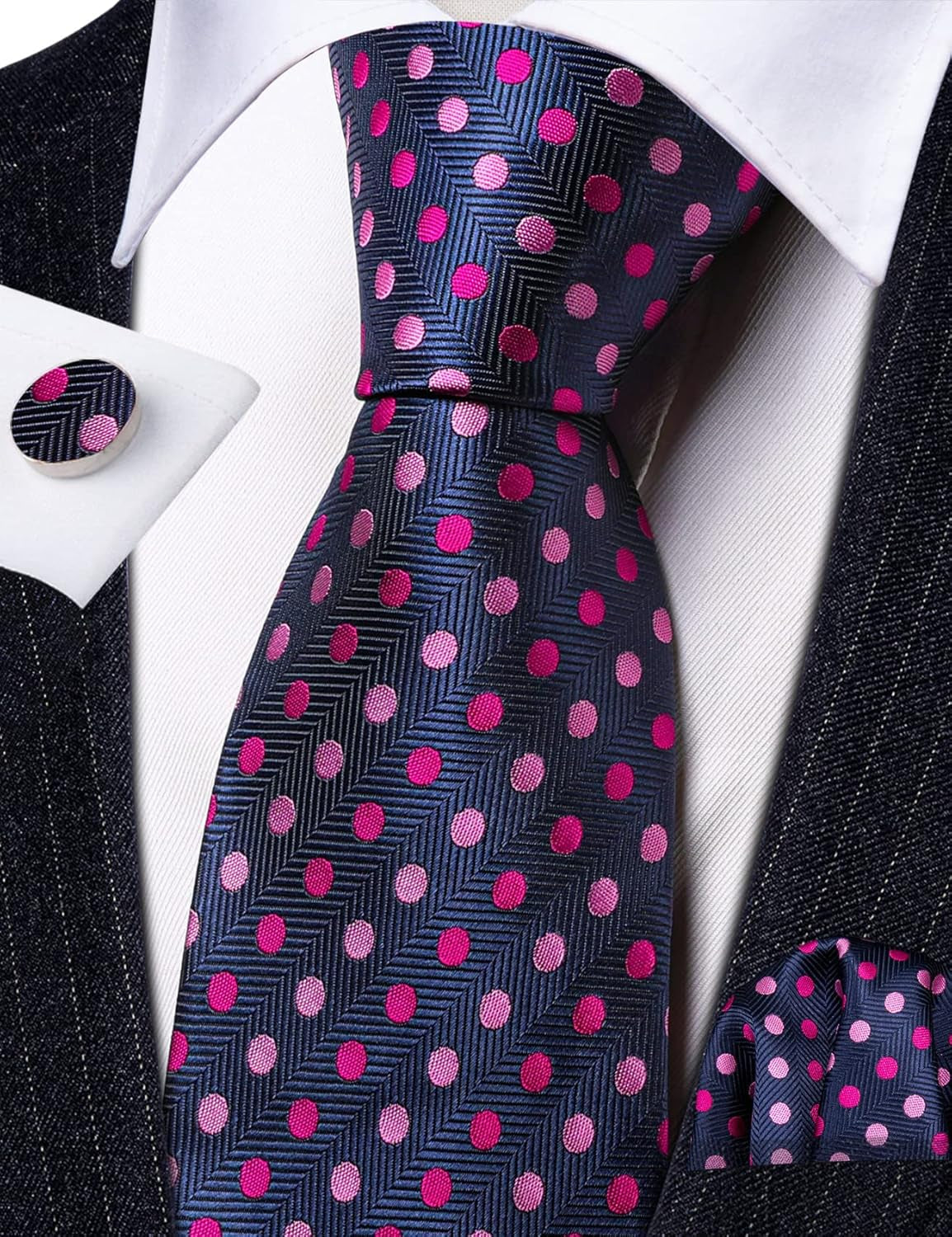 Men'S Tie Set Polka Dot Handkerchief Cufflinks Plaid Fashion Neckties Wedding Business