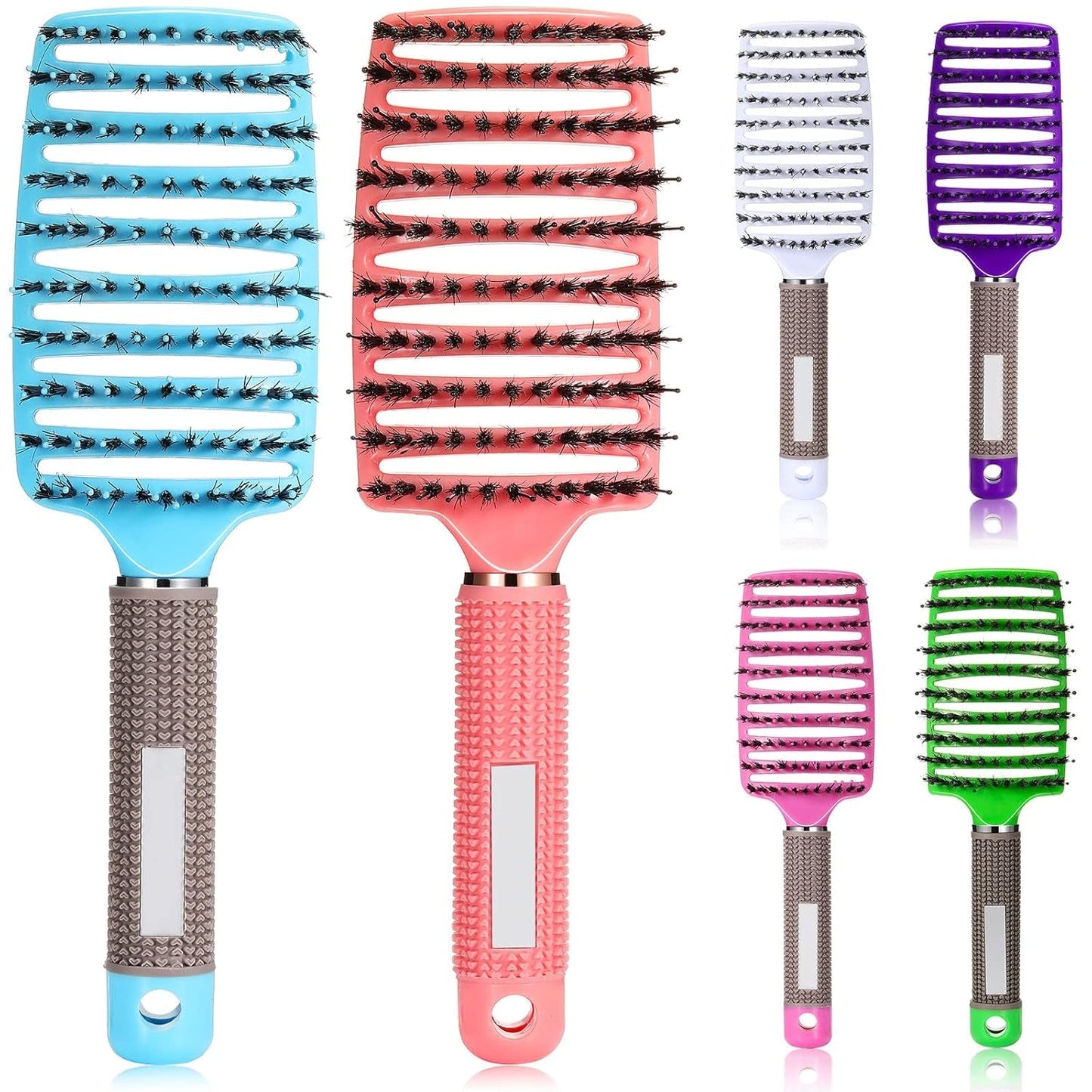 6 Pack Boar Bristle Hair Brushes Curved and Vented Hairbrush Detangler Curved Hair Brushes for Women Detangling Comb for Men Long Wet Dry Thick Curly Blowing Hair Accessories, 6 Colors