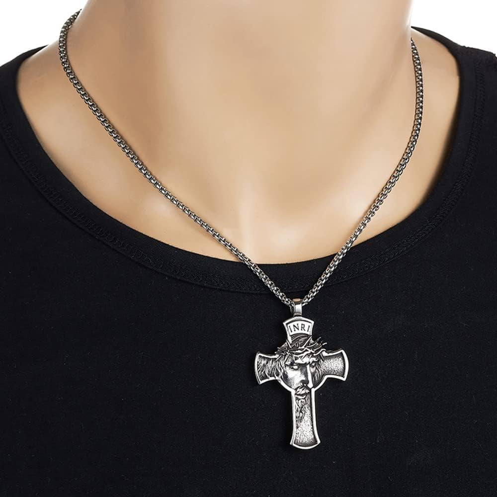 INRI Jesus Christ Necklace, Cross Pendant Necklace with Crown of Thorns Jesus