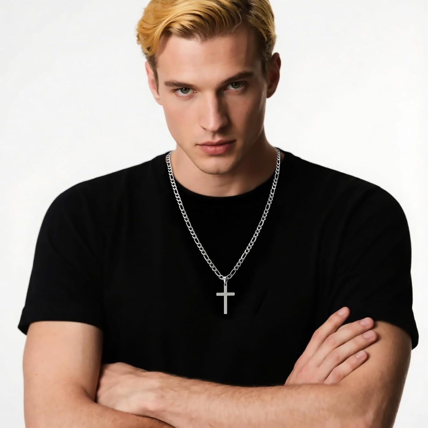 Cross Necklace for Men - Stainless Steel Silver/Gold Plain Cross Pendant Necklace Simple Jewelry Gifts, 20/22/24/26 Inches 3:1 Figaro Link Chain 4/5/6Mm Width