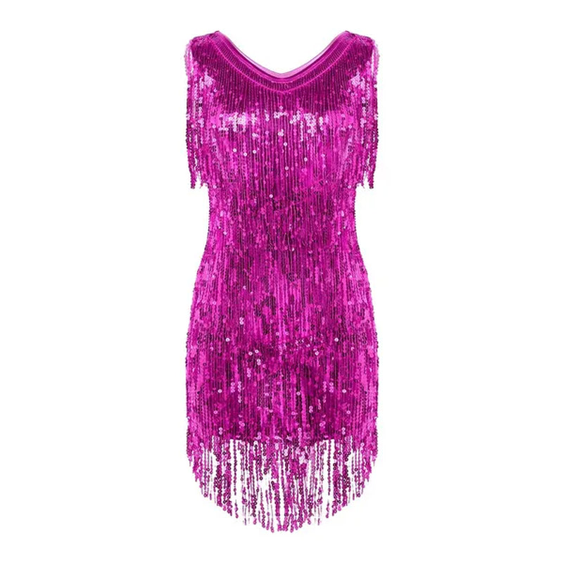 Women'S Gowns V Neck Sparkling Sequin Tassels Rhythm Ballroom Salsa Samba Rumba Tango Latin Dance Dress