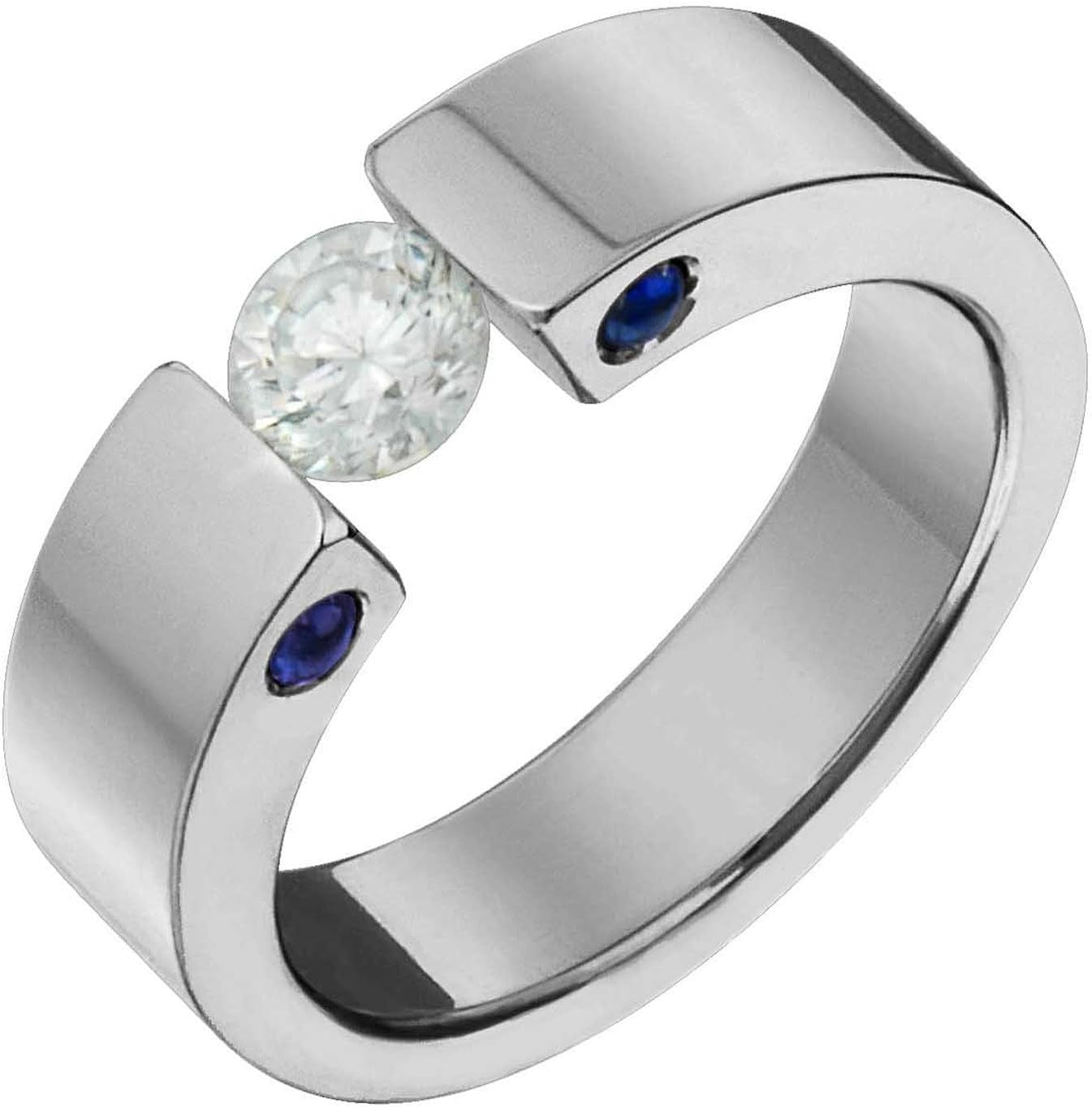 Ttitanium Diamond Ring with Blue Sapphire Tension Set 5Mm Wide Comfort Fit Wedding Band