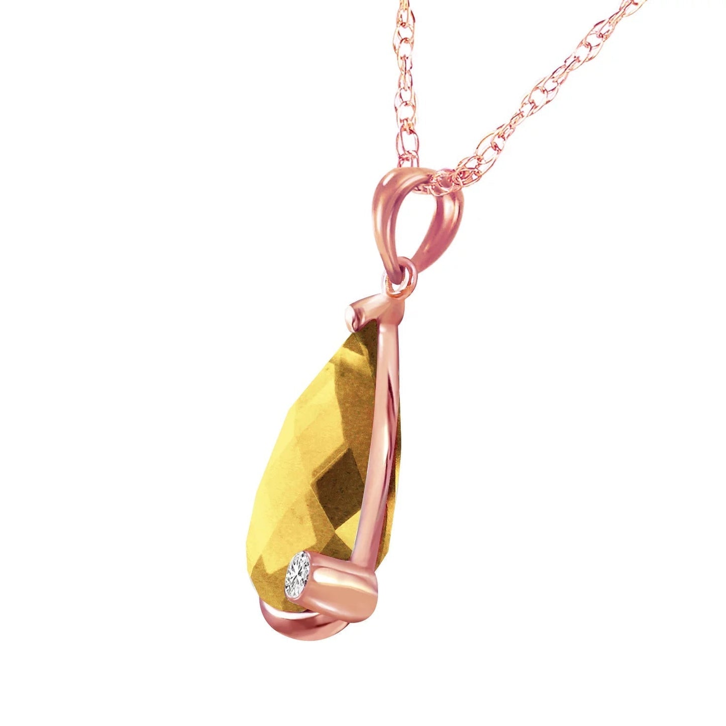5.04 Carat 14K 16" Solid Rose Gold Necklace with Natural Briolette Checkerboard Cut Citrine and Diamond Pendant