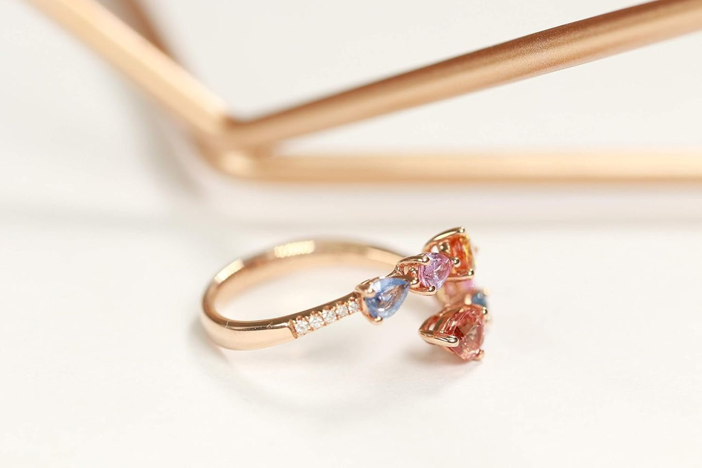 10K Yellow Gold Multi Sapphire Ring with Diamonds for Women | Ethically, Authentically & Organically Sourced (Pear-Cut) Shaped Sapphire Hand-Crafted Jewelry for Her | Sapphire Ring for Women