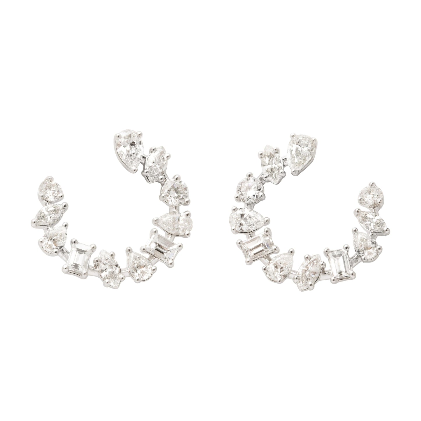 Multi-Shape Diamond Swirl Hoop Earrings 18k White Gold 3.03ctw