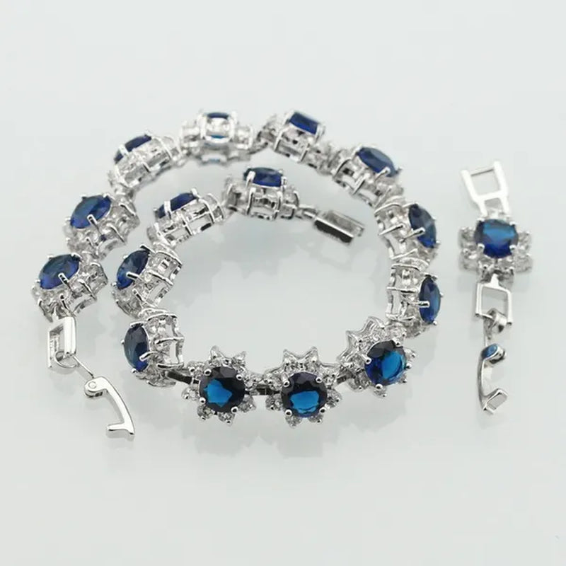 Blue White Topaz Silver Color Jewelry Sets for Women Engagement Necklace Pendant Bracelets Earrings Rings Gift Box