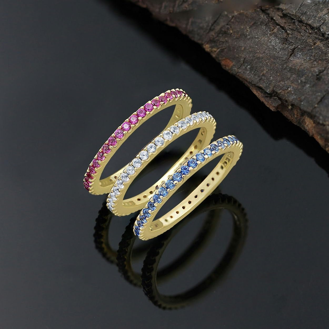Yellow & White Gold Plated Created Ruby/Blue Sapphire/Simulated Diamond/Pink Sapphire/Emerald Stone Stackable Ring Eternity Bands for Women - Birthstone Ring Jewelry - Gift for Her