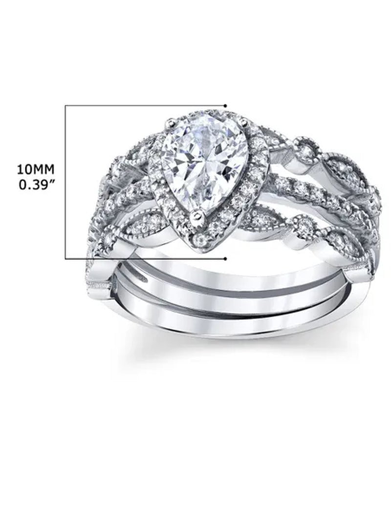 1.32Ct Sterling Silver 3Pc Pear Shape Bridal Set Engagement Wedding Ring CZ