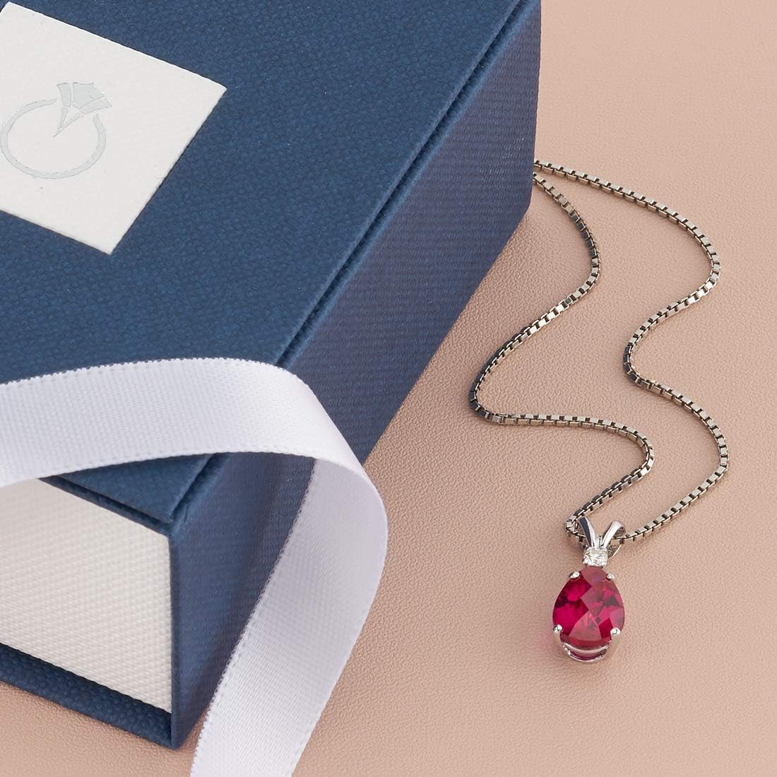 14K White Gold 2.50 Carats Created Ruby with Genuine Diamond Pendant, Elegant Teardrop Solitaire, AAA Grade Pear Shape 10X7Mm