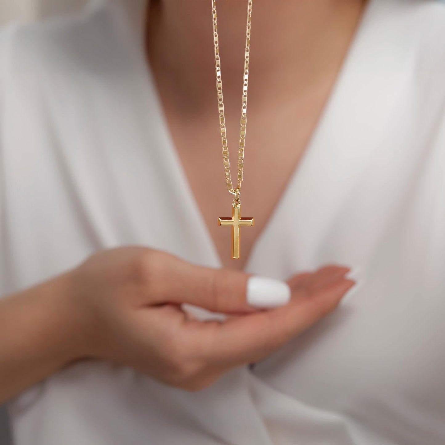 14K Gold Cross Necklace for Women Gold Cross Pendant Figaro Chain Mariner Masculine Appeal 19 INCH