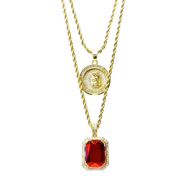 14K Gold Plated Medallion Jesus & Simulated Red Ruby 22"&27" Combo Pendant Chain Necklace