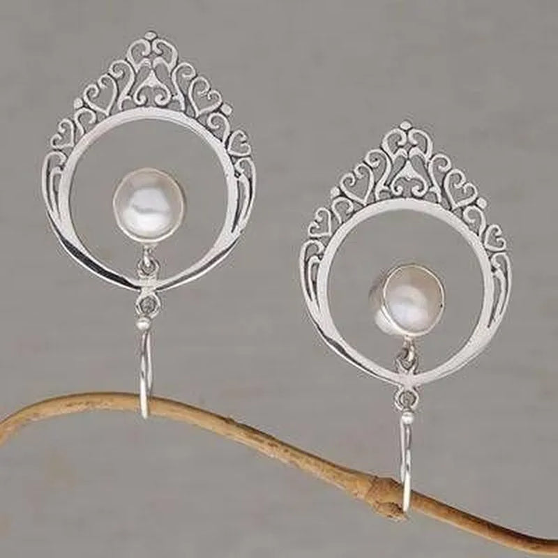 Classic Silver Color Delicate Pattern Engraving Cutout White Pearl Zircon Women'S Stud Earrings Set Bridal Anniversary Christmas Gift Beach Party Jewelry