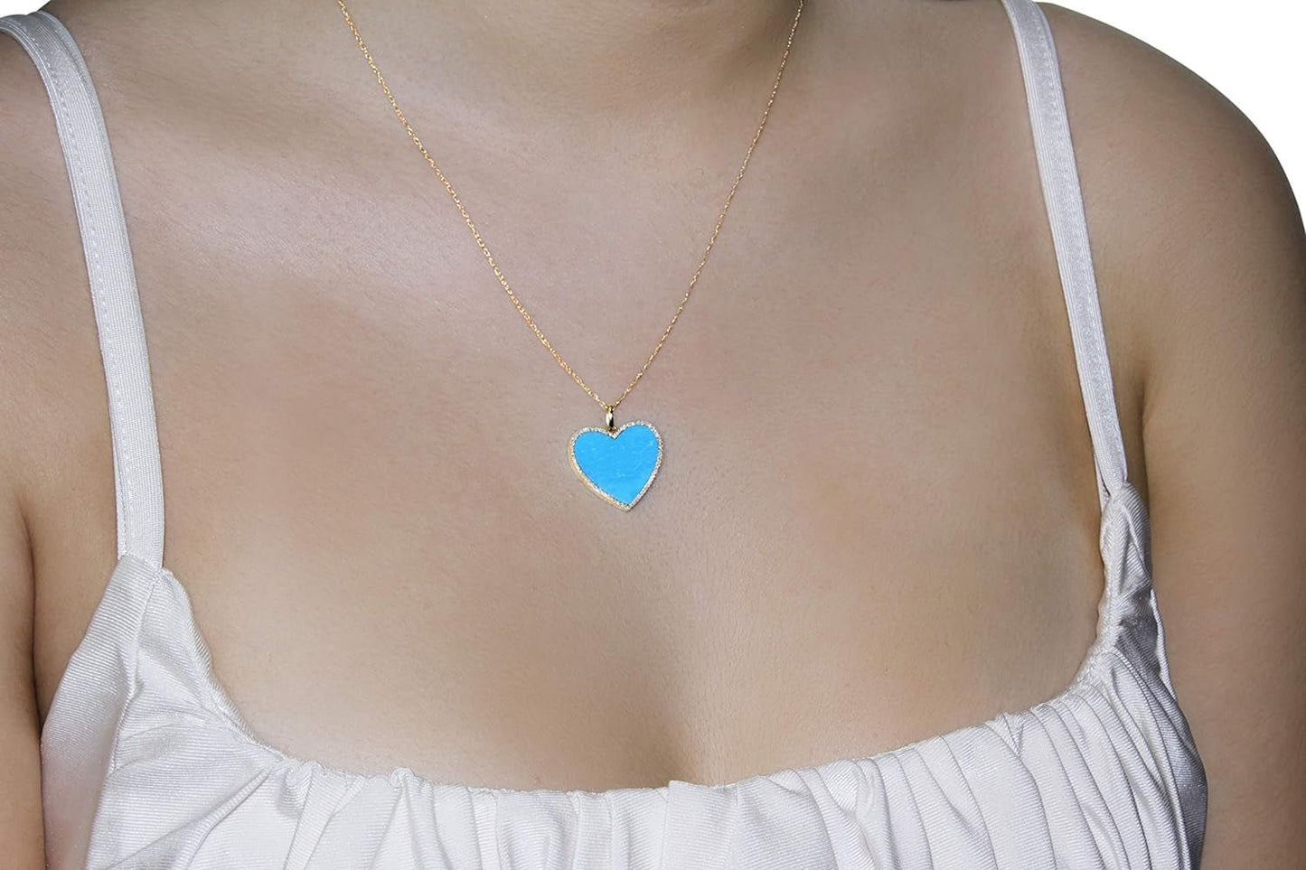 1/6 Carat Diamond and Turquoise or Blue Lapis Heart Pendant Necklace for Women in 14K White and Yellow Gold on 18 Inch Chain (H-I, I1-I2, Cttw) Spring Ring