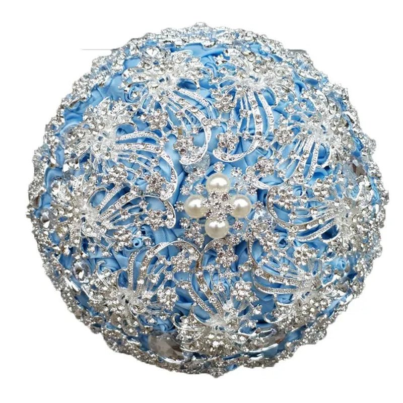 18CM Luxurious Shiny Full Diamonds Brooch Bouquet Silver Rhinestone Bridal Bouquet Ribbon Satin Rose Wedding Bride Holding Flowers