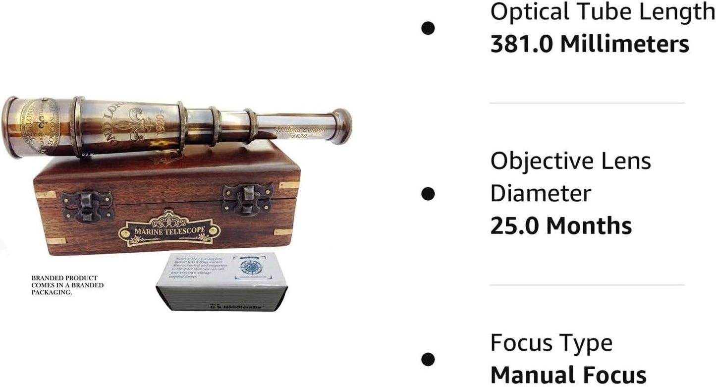 1920 Marine Telescope Collectible Décor Nautical Spyglass Antique Mounted Solid Brass 15 Inch Pirate Telescope with Wooden and Branded Corrugate Box.