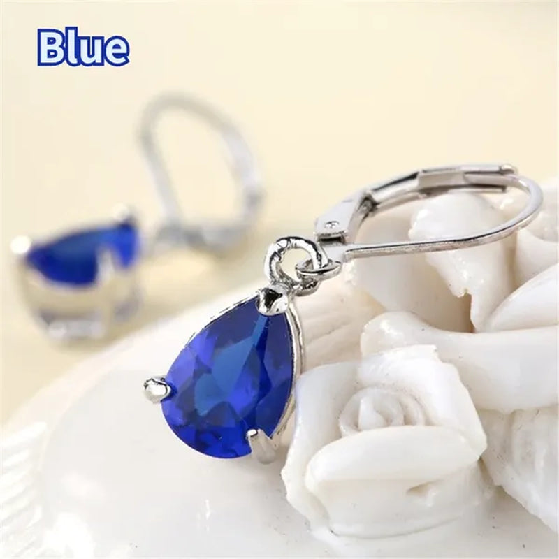 Women Silver Plated Pink Blue Cubic Zirconia Earrings Water Drop Pendant Earrings Bride Wedding Engagement Anniversary Gift Jewelry