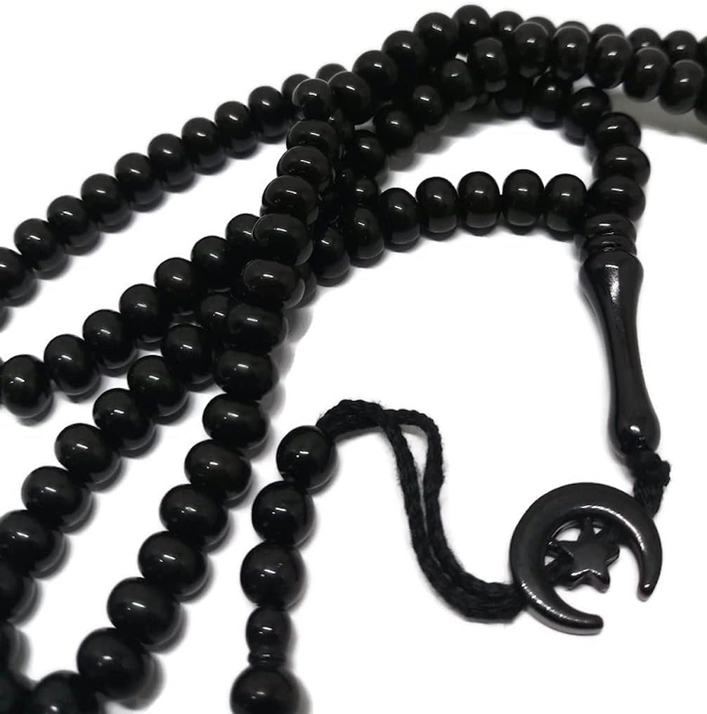 Islam Prayer Tasbih 99 Beads AMN-303 Muslim 8 Mm. Rosary Bead Moon Star Decorated Tassels Haj Eid Ramadan Gift (Black)