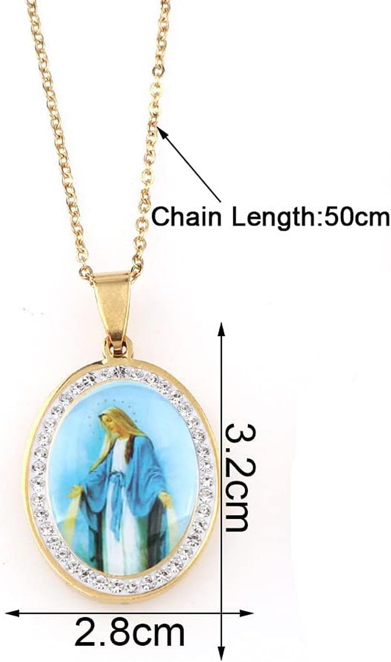 Miraculous Medal, Virgin Mary Necklace, Religious Gifts for Women, Golden Stainless Steel Necklace Inlaid Zircon Pendant, Fashion Religious Jewelry, Gifts for Women