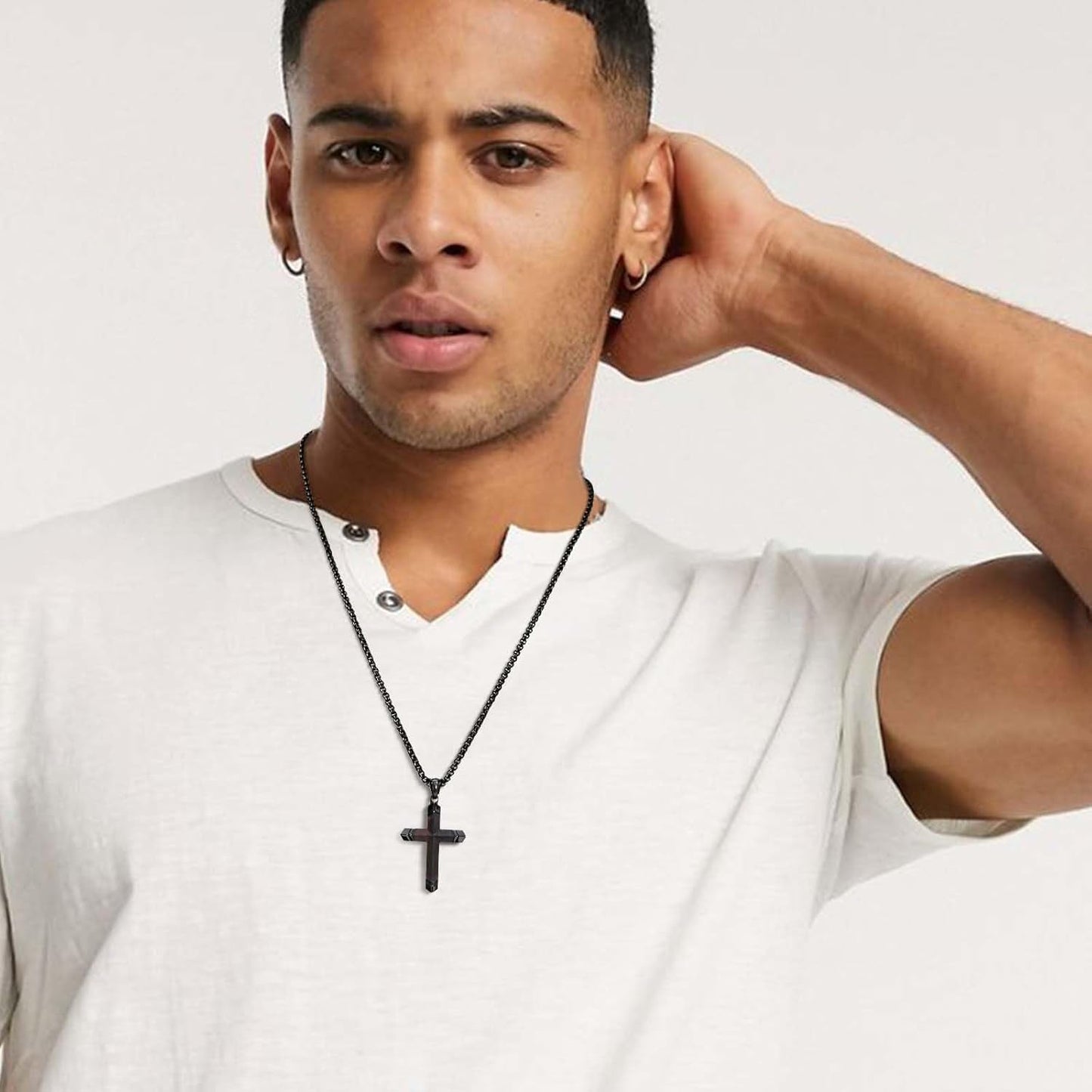 Wooden Cross Bible Verse Necklace for Men, Hawaiian Handmade Real Black Ebony Wood Cross Pendant Stainless Steel Chain, Mens Cross Necklaces Koa Wood Jewelry Christian Baptism Easter Gifts