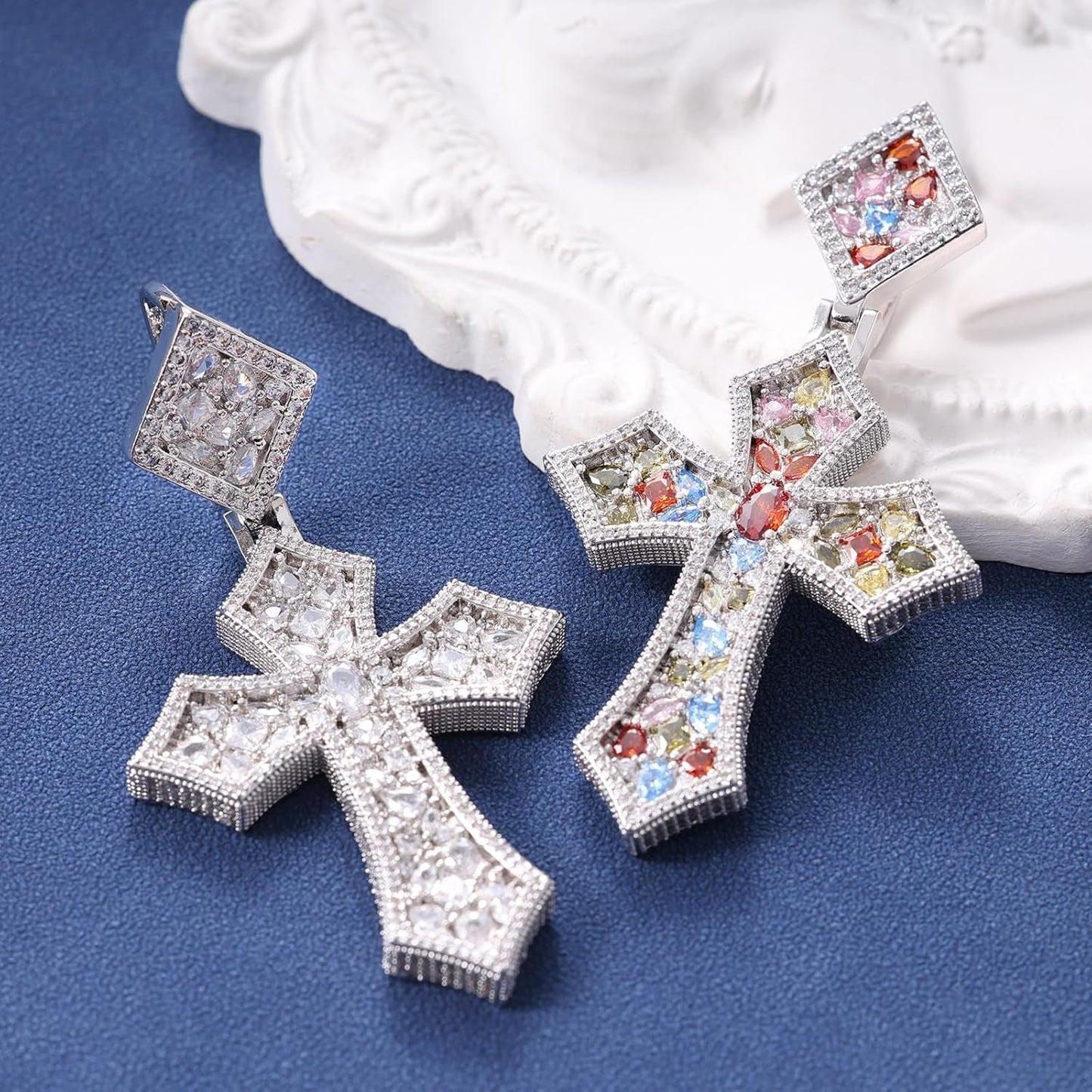 Iced Out Colorful Rhomboic Cross Pendant Necklace, Trendy White Gold Hip Hop Cubic Zirconia Oval Diamond Cross Pendant Faith Jesus Necklace Gift