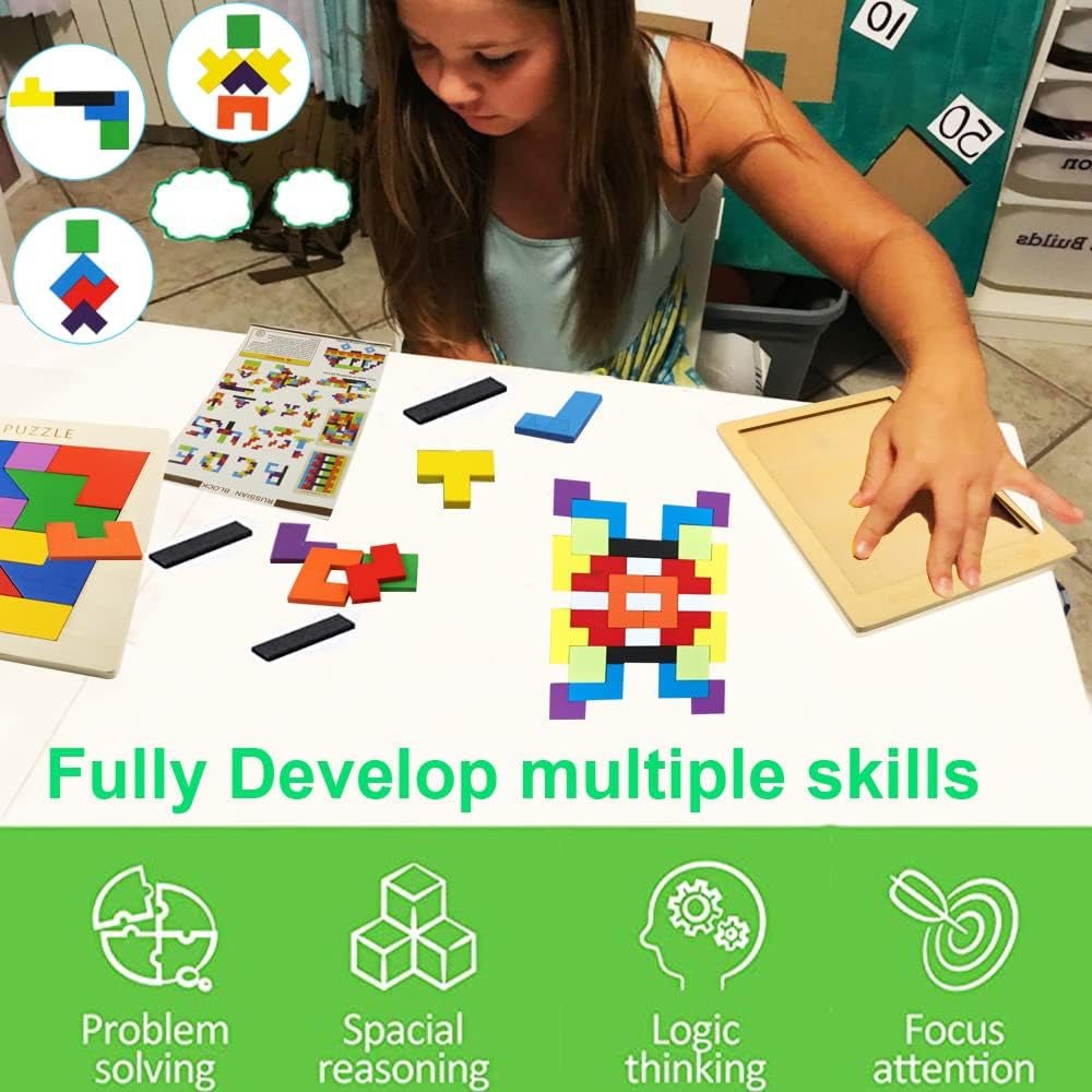 2 Pack Wooden Puzzle Blocks Geometric Tangram + Russian Blocks Puzzle for Kids & Adults, Intelligence Brain Teasers Toy Wooden Puzzle for All Ages Challenge STEM Educational Gift for Children
