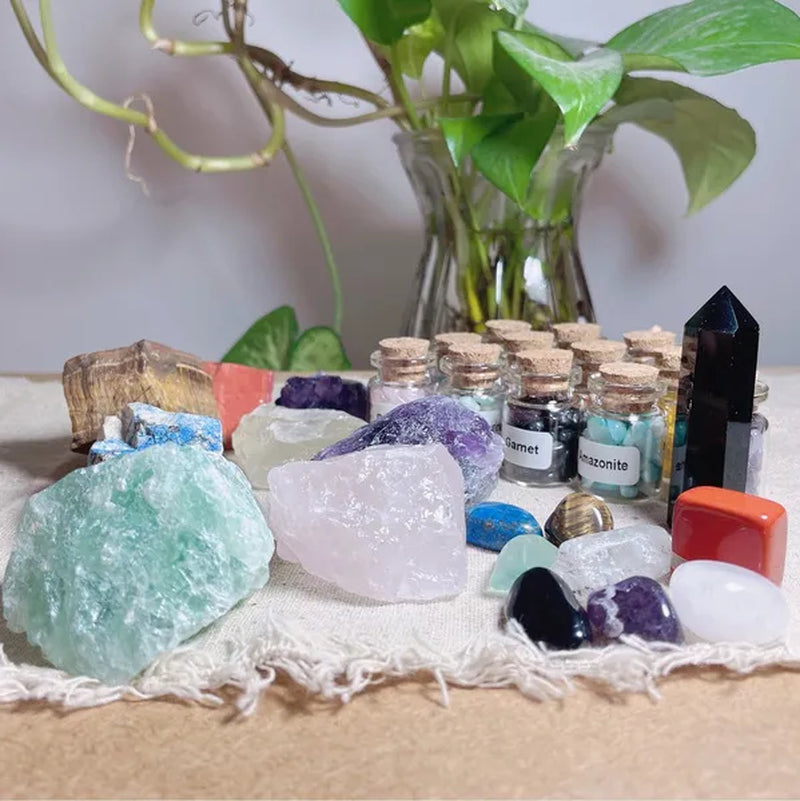 29 Crystals and Healing Stones Gemstone Bottles Chip,Raw Chakra Stones,Black Obsidian Wands,Witchcraft Supplies Healing Crystals Set,Chakra Healing Witchy Room décor Meditation Therapy Crystals