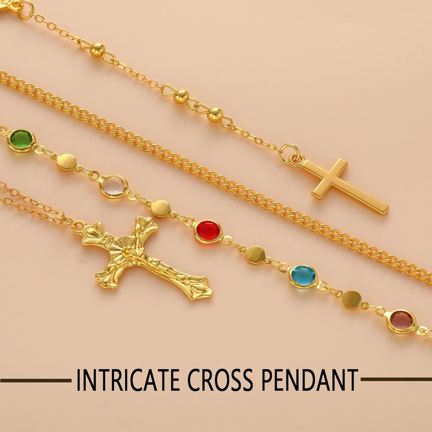 4PCS Layered Gold Cross Necklaces for Women Trendy, Bohemian Bead Pearl Y Long Pendant Necklace Set, Vintage Rosary Necklace Stack Adjustable Length