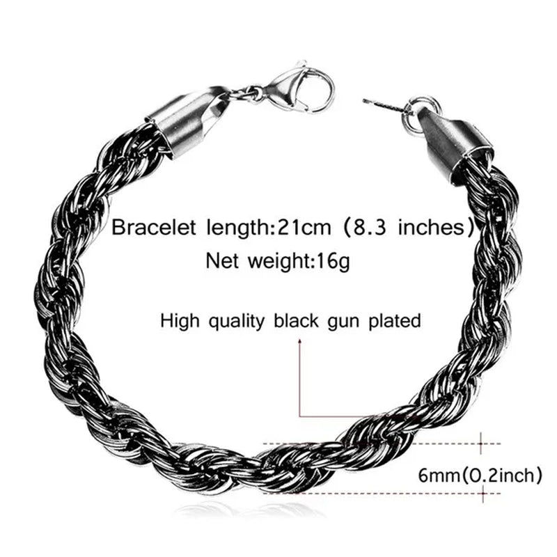 Cool Men Rope Chain Bracelet 6MM 8.3 Inches - 3 Colors Black, Silver, Gold