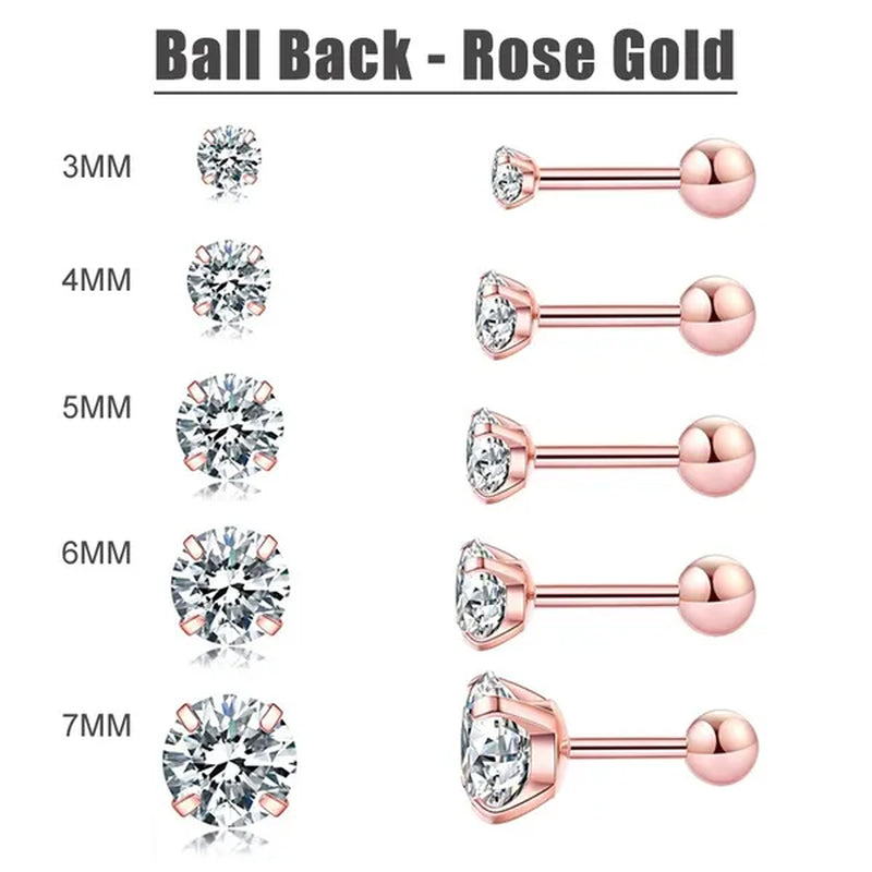 5 Pairs/Set Stainless Steel Mens Womens Stud Earrings Set round Cubic Zirconia Flat Back Earrings Piercing Ear Cartilage Hypoallergenic Men'S Earrings 3-7Mm