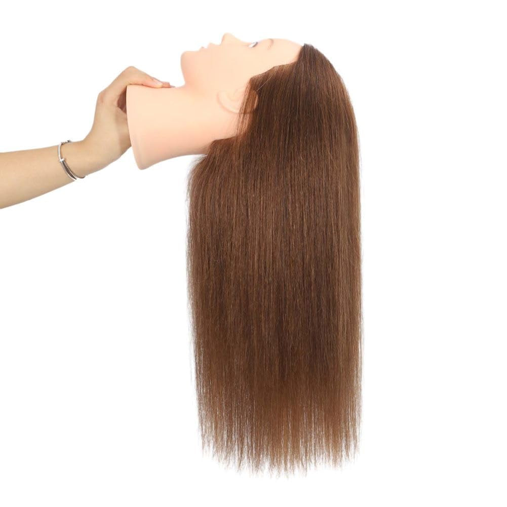 Mannequin Head with 100% Real Human Hair Cosmetology Mannequin Head to Practice Hairstyles Doll Head Training Head for Hairdresser (Brown)