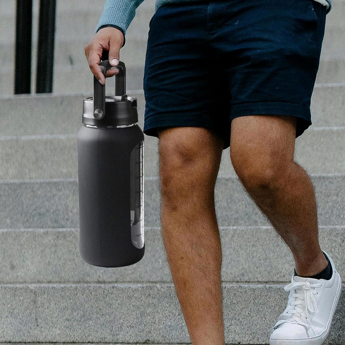 64 Oz Glass Water Bottle with Straw and 2 Lids, Half Gallon Water Bottle with Sleeve, Large Insulated 2 Liter Glass Water Jug Time Marker with Handle