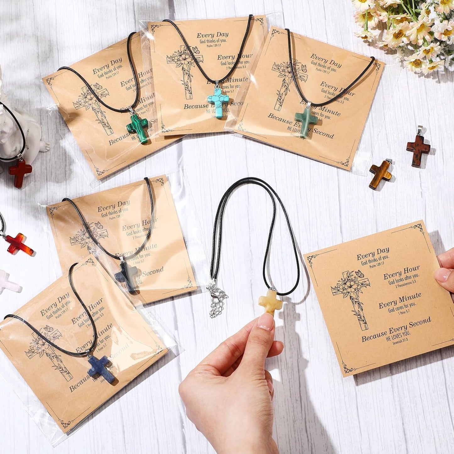 Christian Cross Charms for Jewelry Making Natural Stone Cross Gemstone Pendant Quartz Crystal Charm with Leather Chain and Card for Valentines DIY Necklace Earring Bracelet Gifts
