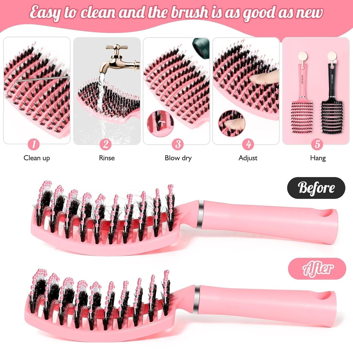 Hair Brush, Detangling Hairbrush Boar Bristle Curved Vented Hair Brush for Women Men Kids Curly Thick Long Short Wet or Dry Hair, Faster Blow Drying(2Pack, Black&Pink)