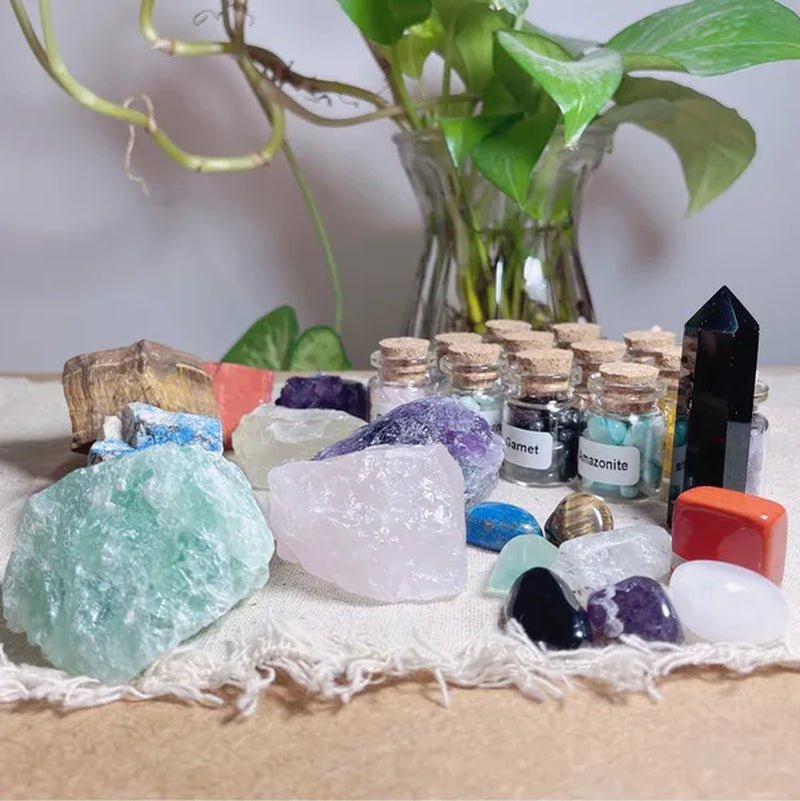 29 Crystals and Healing Stones Gemstone Bottles Chip,Raw Chakra Stones,Black Obsidian Wands,Witchcraft Supplies Healing Crystals Set,Chakra Healing Witchy Room Décor Meditation Therapy Crystals