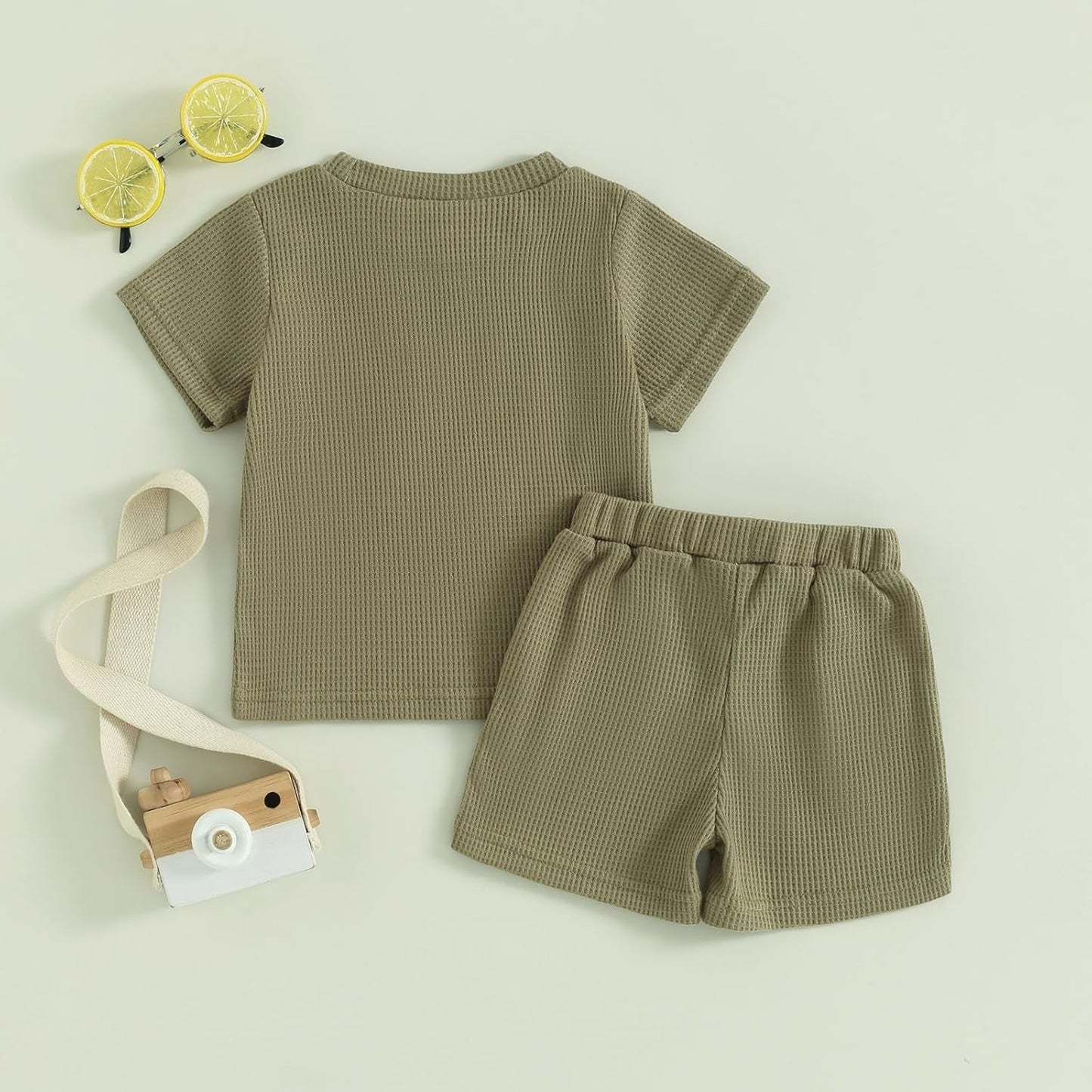 Toddler Baby Boy Summer Clothes Embroiderey Waffle Knit Short Sleeve T-Shirt Tees + Casual Shorts Cute Clothing Set