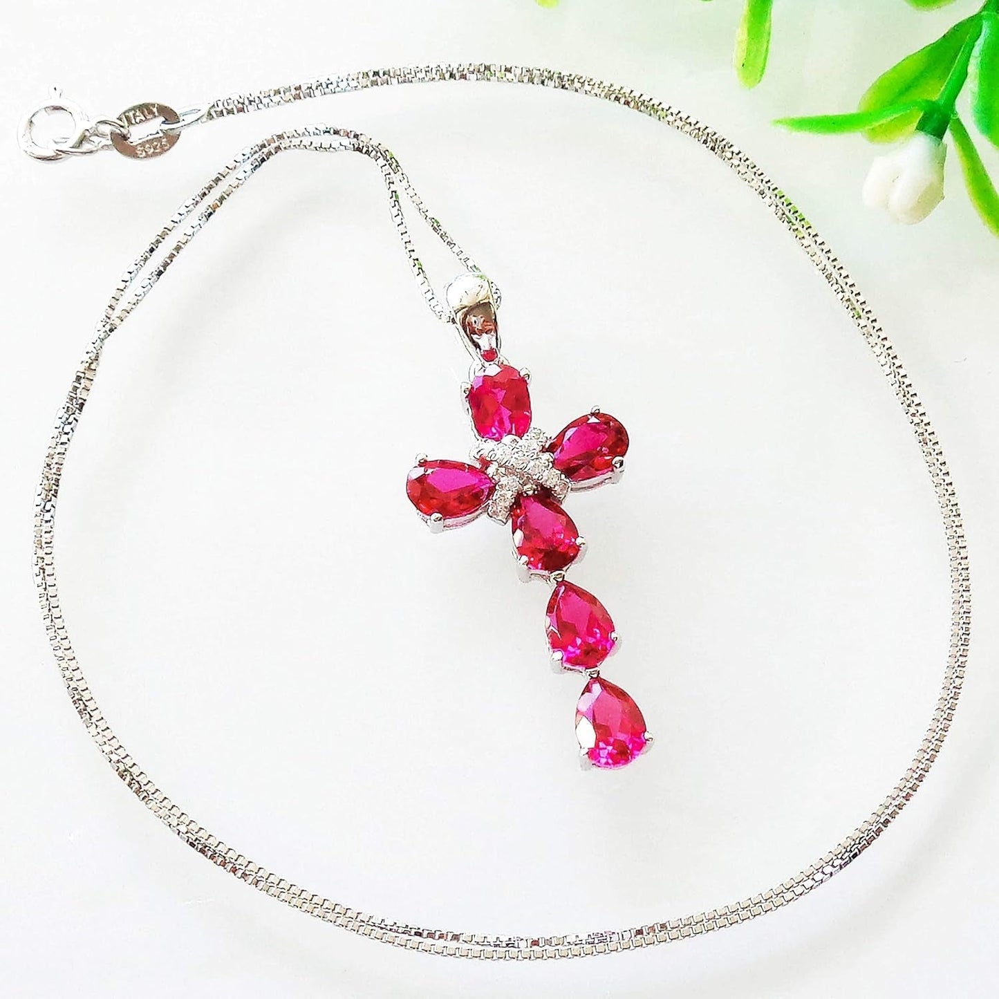 925 Sterling Silver 18K White Gold Plated 2.5Ct Pear Emerald Ruby Sapphire Cross Crucifix Necklace Pendant 18"