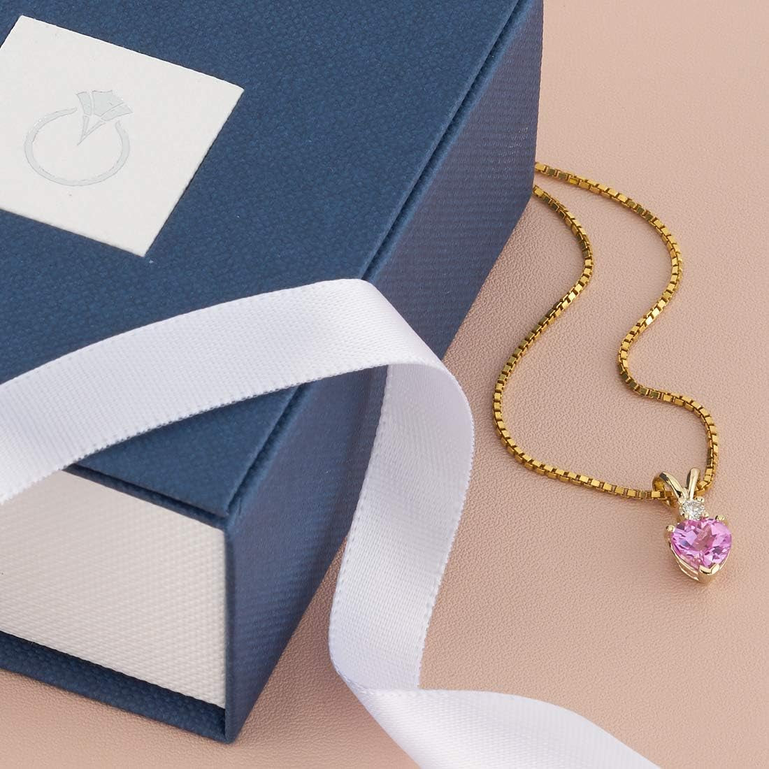 Created Pink Sapphire with Genuine Diamond Pendant in 14 Karat Yellow Gold, Heart Shape Solitaire, 6Mm, 1.15 Carats Total, September Birthstone Necklace, Sparkling Sapphire Jewelry
