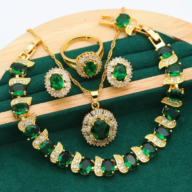 New Arrivals Gold Color Jewelry Sets For Women Wedding Green Zircon Bracelet Earrings Necklace Pendant Open Ring 4PCS