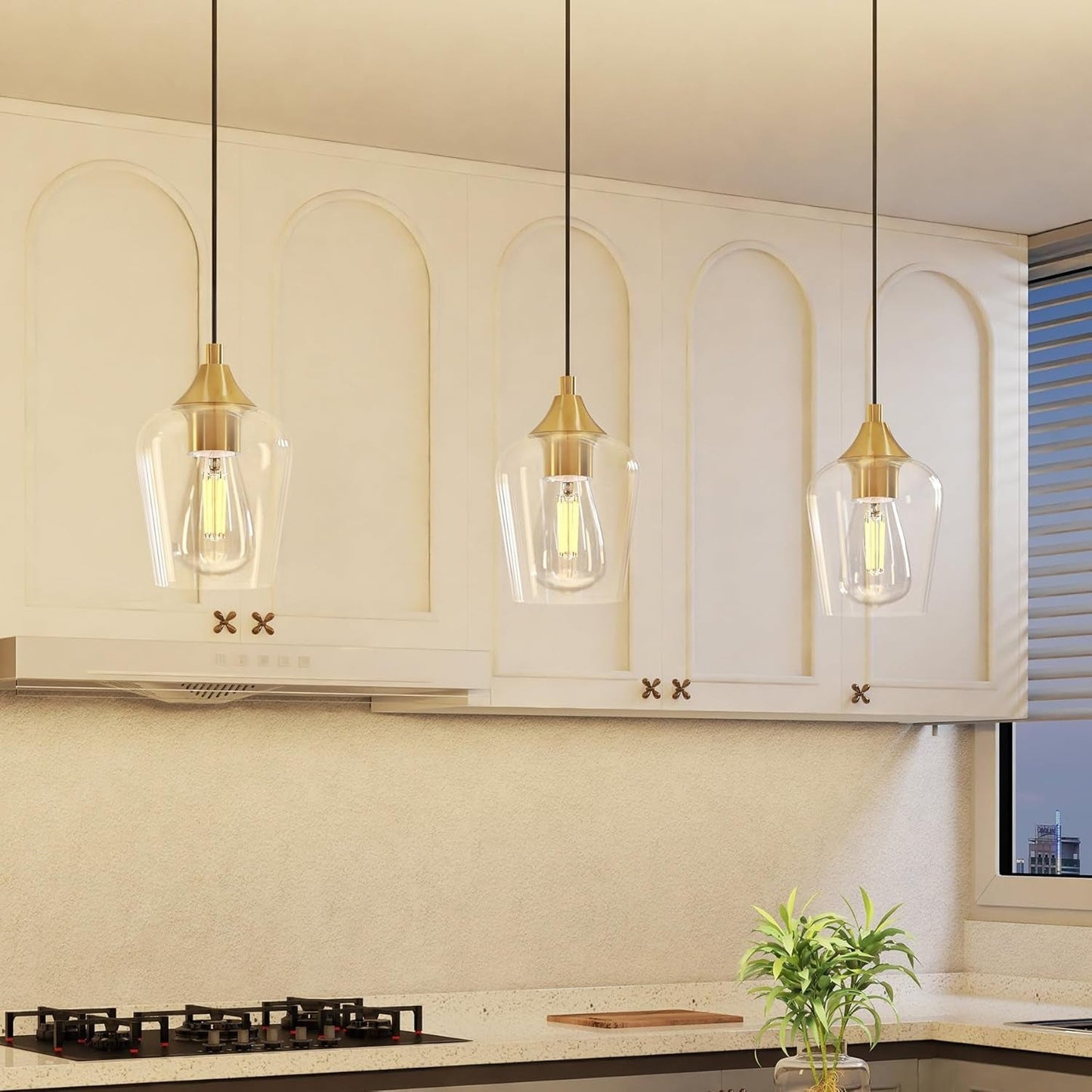 Pendant Light Kitchen Island, Brushed Gold Pendant Light Fixture with E26 Base & Adjustable Cable, Modern Pendant Lighting with Glass Shade for Living Room Bedroom Hallway