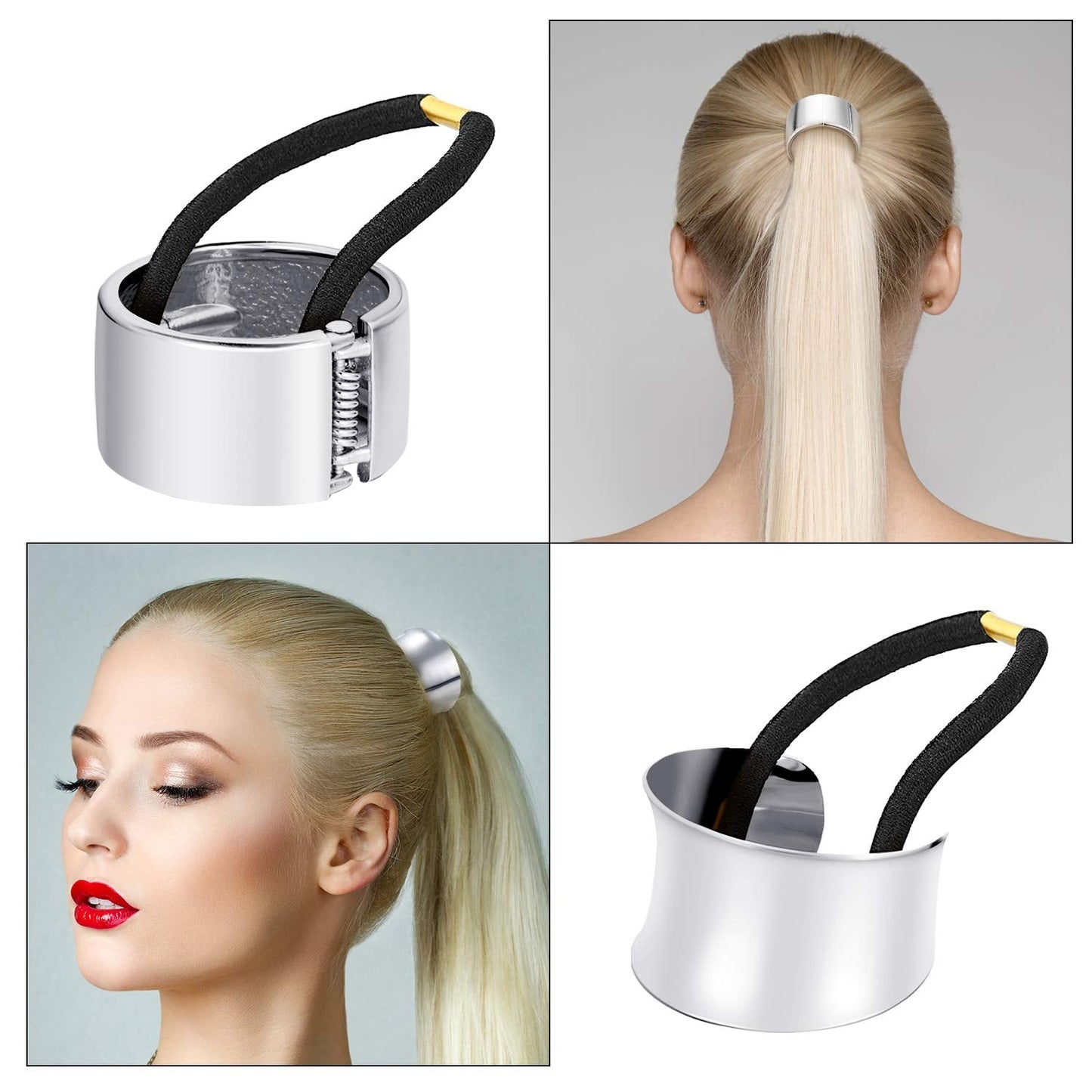 3 Pieces Metal Circle Hair Cuff Elastic Hair Band Ties Ponytail Holder Rope Accessory for Women Girls, 3 Styles(Silver)