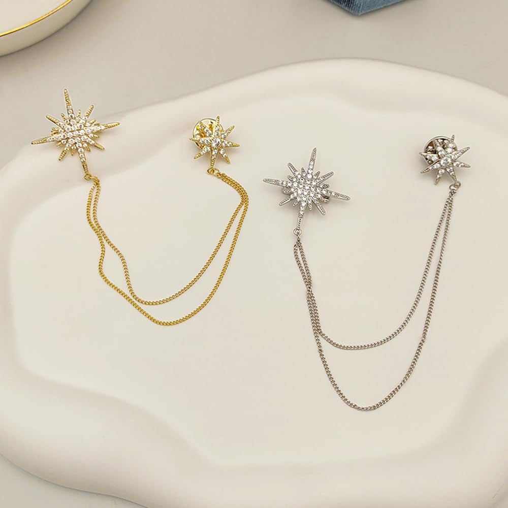 Silver Rhinestone Star Brooch for Women Girls Men Fashion Crystal Snowflake Tassel Lapel Pins Dress Suit Accessories Bouquet Dainty Jewelry Winter Holiday Dancing Party Ceremony Banquet Decoration