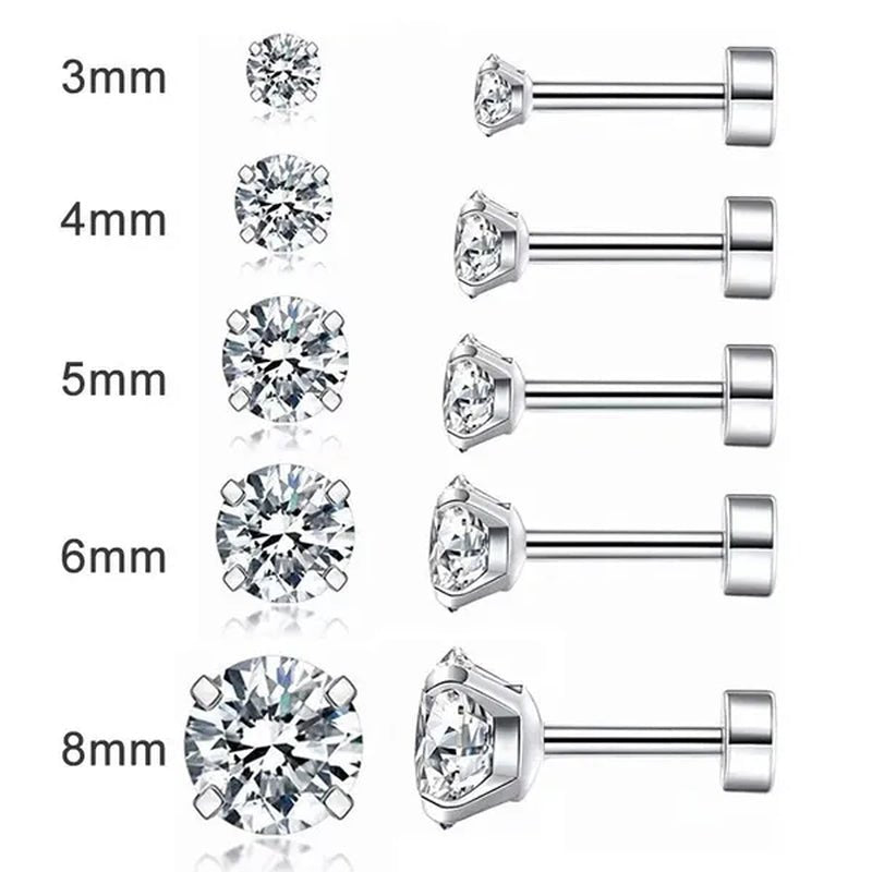 316L Surgical Stainless Steel Stud Earrings Hypoallergenic Cubic Zirconia Barbell Studs Earrings CZ Earrings 1 Pairs 3-8Mm