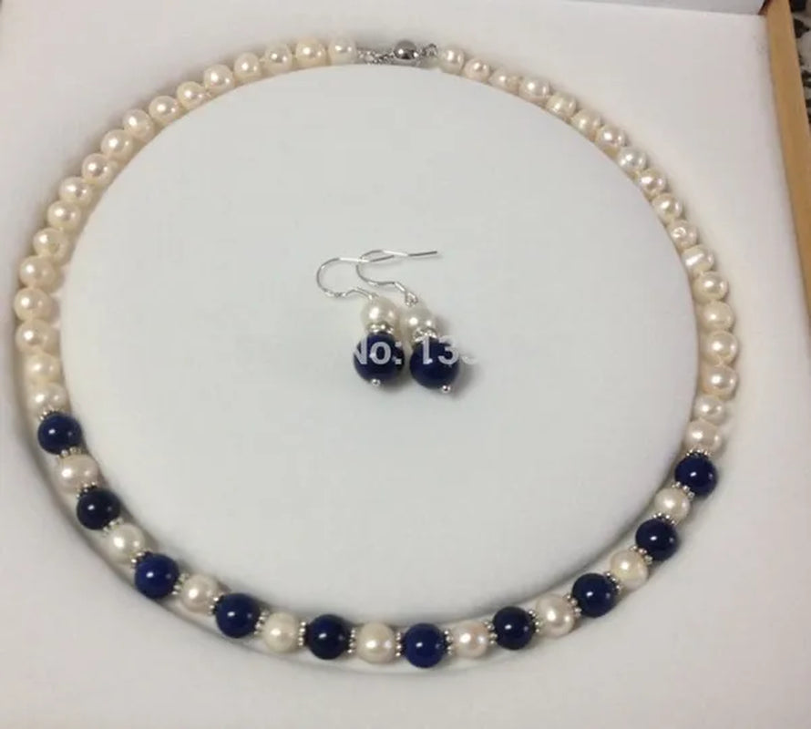 Hot sales 7-8mm White Cultured freshwater Pearl Lapis Lazuli necklace earrings set fashion jewelry